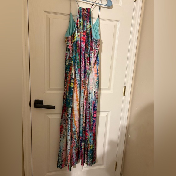 Nicole Miller  Spaghetti Strap Watercolor wedding guest  Dress Silky Maxi Sz xl - Picture 9 of 9